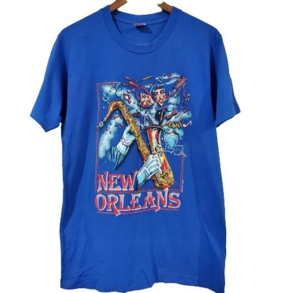 Vintage New Orleans T-Shirt Mens Large Blue Saxophone 90s Mardi Gras Streetwear - Picture 1 of 9
